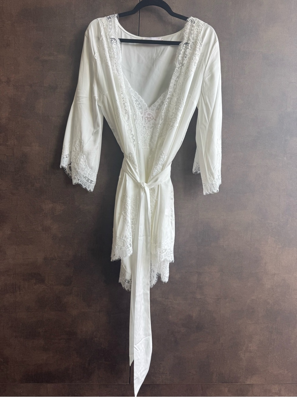 Homebodii Women's Lace-Trim Satin Slip Nightgown and Robe Set in Cream - Picture 2 of 5